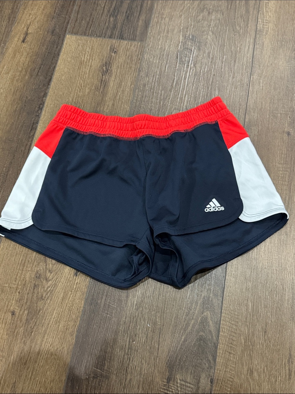 adidas Navy Athletic Shorts with Red Waistband and White Side Panels